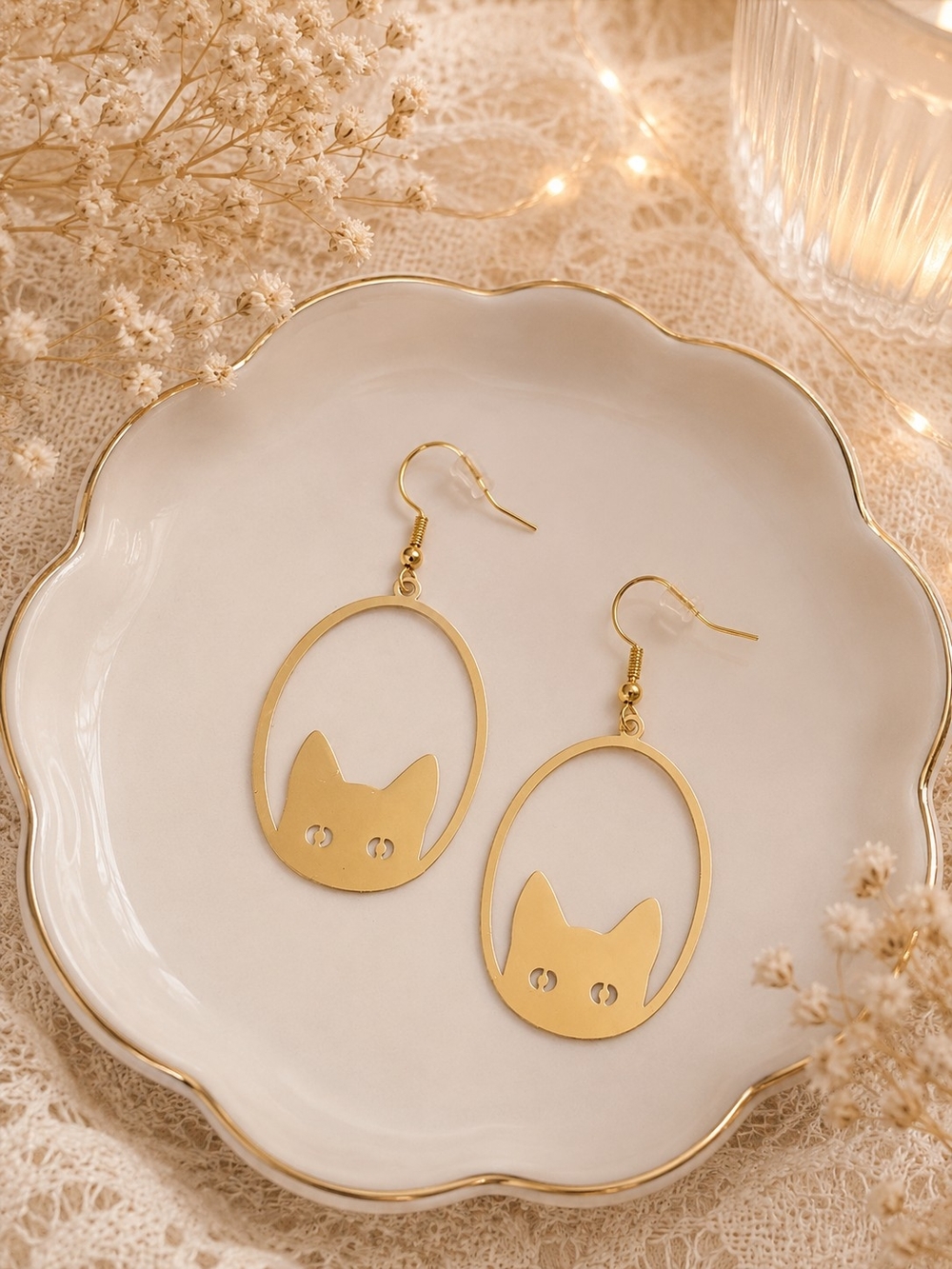 Gold Cat Peekaboo Dangle Earrings New